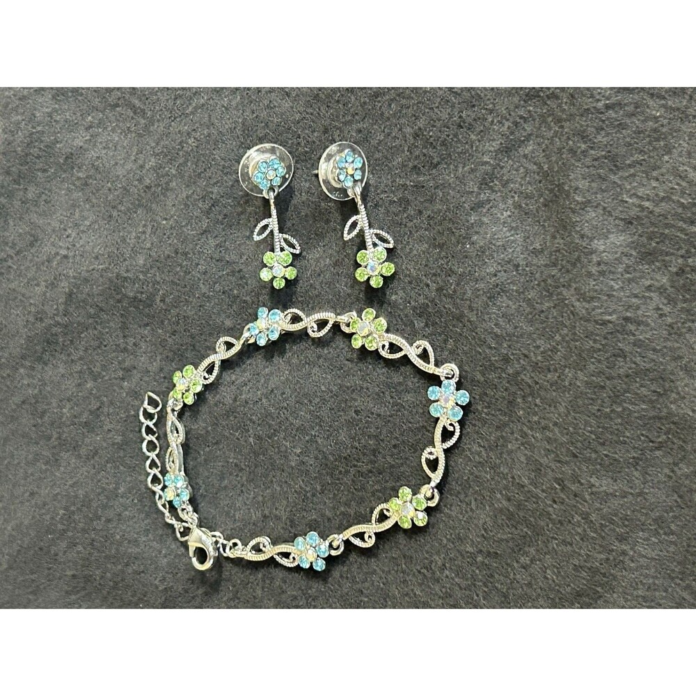 Silver Tone Charm Bracelet/Matching Stud Earrings Blue and Green Rhinestones J2